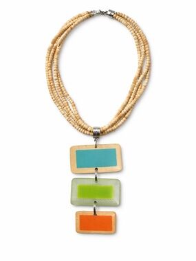 Boho Wood Bead Necklace Multi Strand Pendant